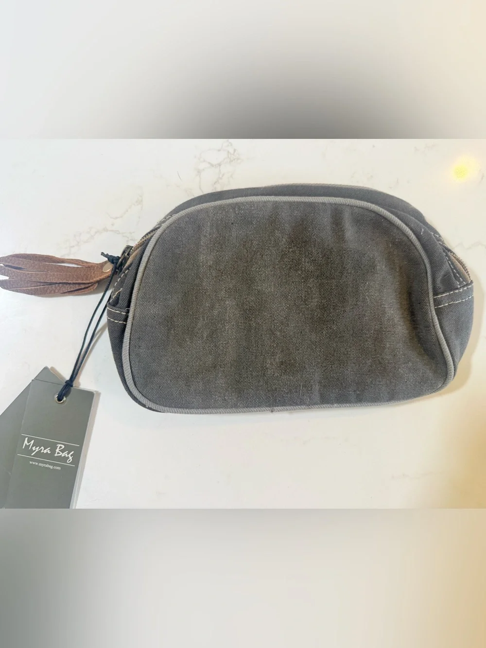 Myra Bag Gray Canvas Cosmetic Pouch with Brown Leather Trim and Cream Print